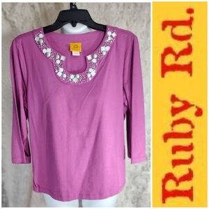 Ruby Rd. Pink Purple Embellished 3/4 Sleeve Top Large
